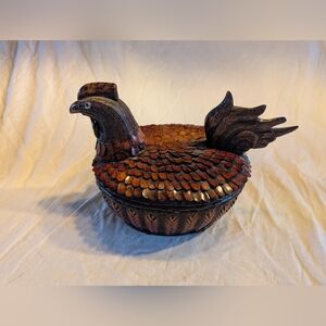 2/50$ Vintage Red-Brown Handcarved Hen On Nest\ Chicken Lidded Basket